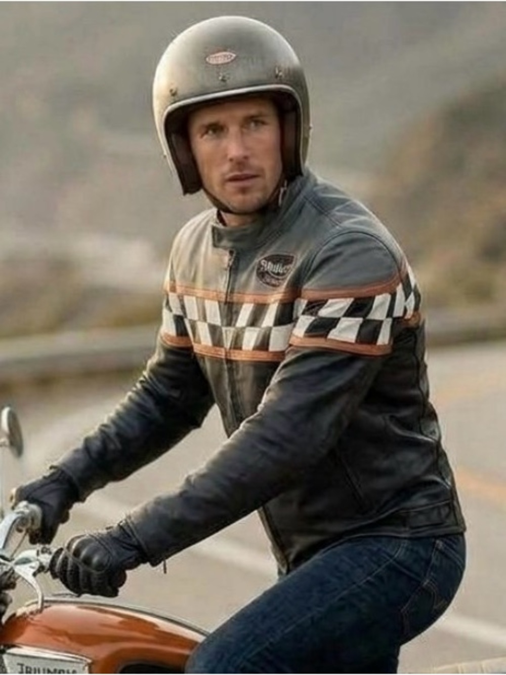 Triumph Motorcycle Racing leather trimmed jacket in XXL with checkered pattern